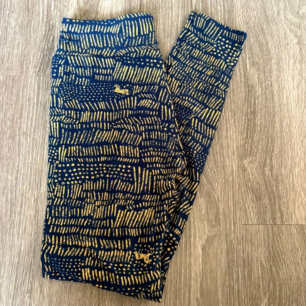 LuLaRoe OS One Size Leggings Navy Mustard Gold Geometric Print NWOT Womens